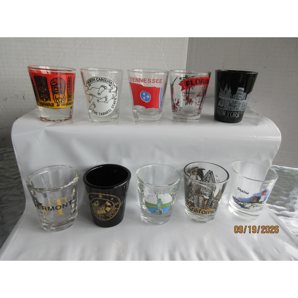 Vintage Souvenir Shot Glass Collection Lot of 10 US States Hawaii Florida NY CA